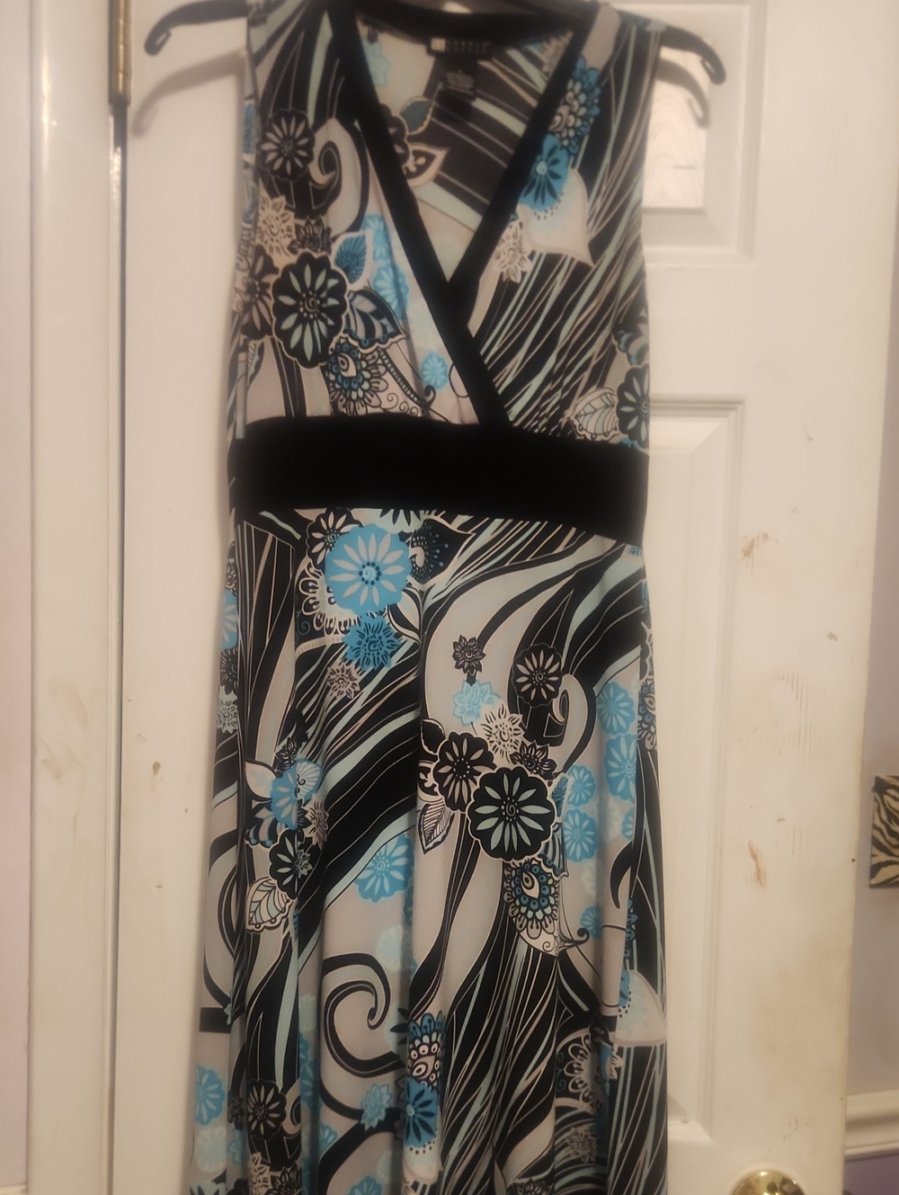 Carole Little Black, White & Turq Blue Floral V-Neck Dress